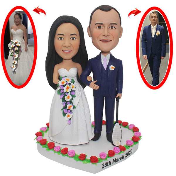 Custom Bobbleheads Wedding Cake Toppers, Custom Wedding Bobbleheads Heart Shaped Base