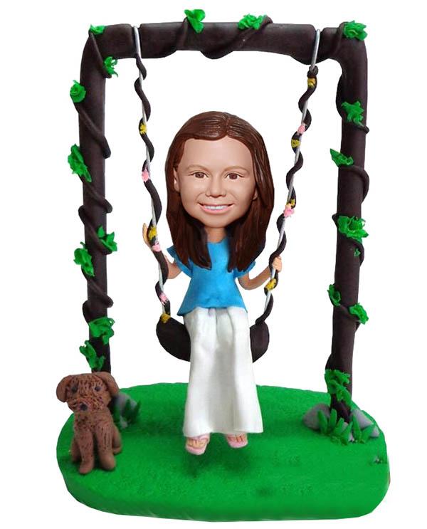 Custom Bobbleheads Girl Playing on The Swing and Dog - Abobblehead.com