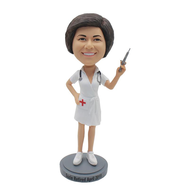 Personalized Female Doctor Statues Figurine From Your Photos, Custom Bobbleheads Doctor Holding A Needle Tube - Abobblehead.com