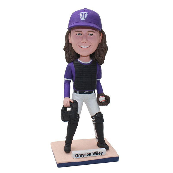 Custom Bobbleheads Baseball Catcher Women, Personalized Catcher Baseball Bobblehead - Abobblehead.com