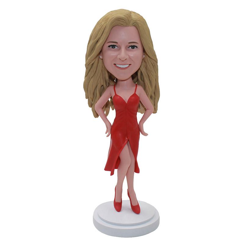 Custom Sex Bobblehead In A Red Dress Hands on Waist Pose - Abobblehead.com