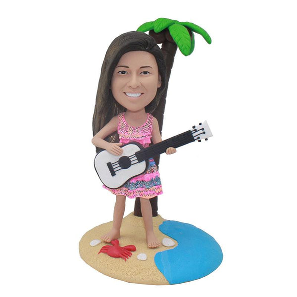 Beach Theme Custom Girl Bobblehead Playing Guitar, Custom Music Bobbleheads - Abobblehead.com