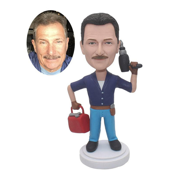 Custom Repairman Bobblehead With Electric Drill And Toolbox - Abobblehead.com