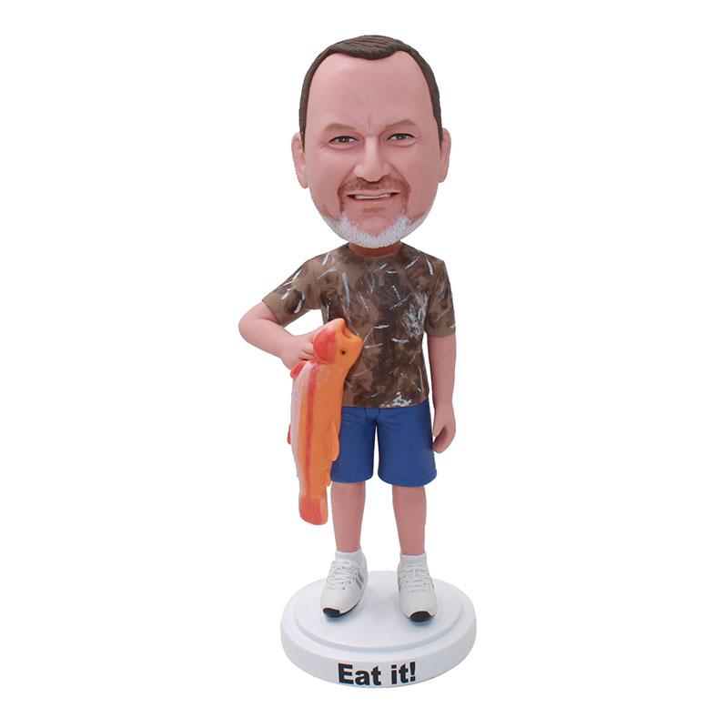 Personalized Fisherman Bobblehead With Fish, Custom Made Fisher Man Bobblehead - Abobblehead.com