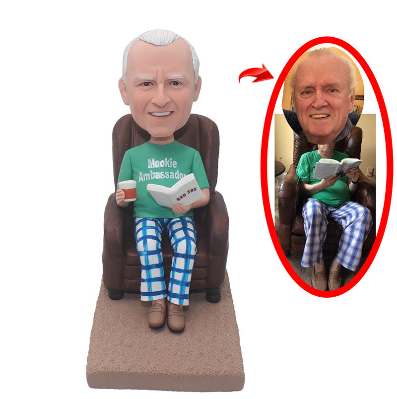 Custom Father Bobbleheads Sitting On The Sofa Reading As Fathers Day Gifts