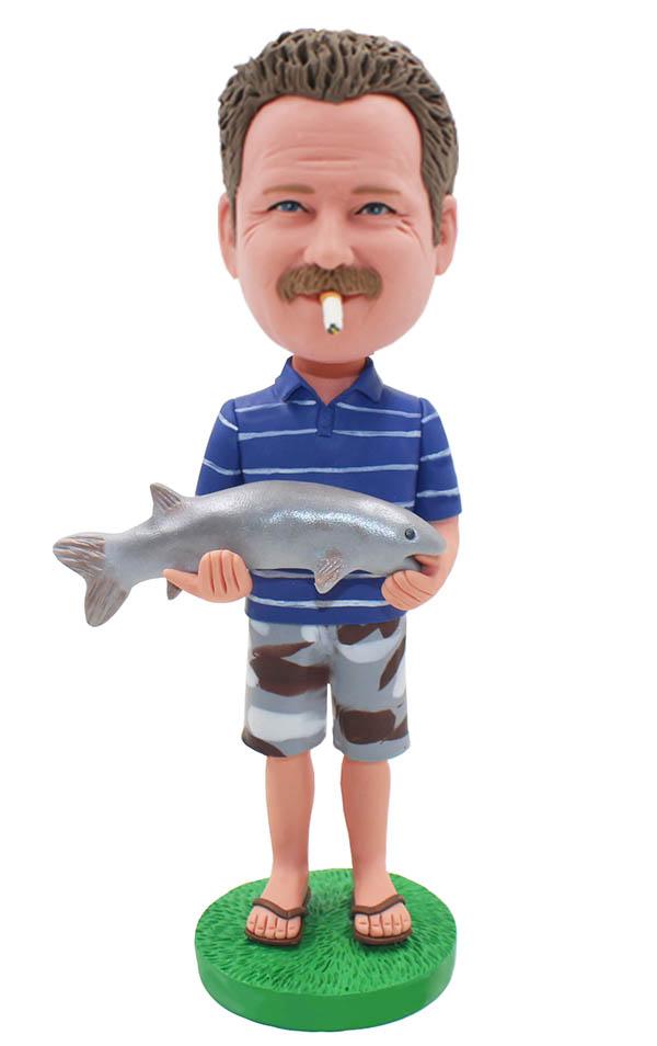 Custom Bobble Head With Fish, Custom Made Fisher Man Bobblehead - Abobblehead.com