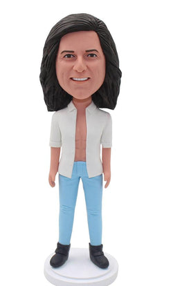 Custom Male Bobble Head With White Shirt and Blue Jeans - Abobblehead.com