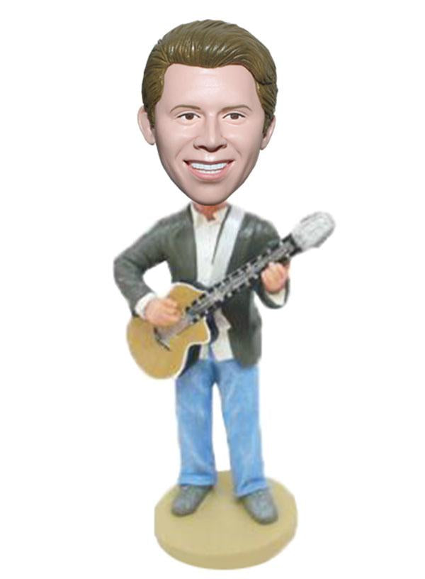 Custom Play The Guitar Bobblehead, Custom Bobblehead Holding Acoustic Guitar - Abobblehead.com